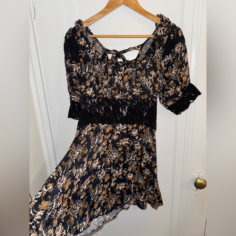 NWOT - Free People Black Lace Floral Mini Dress